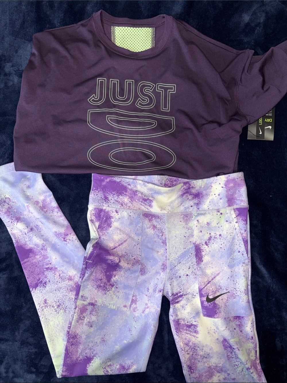 Nike Purple Graphic Top with Lavender & White Tie-Dye Leggings